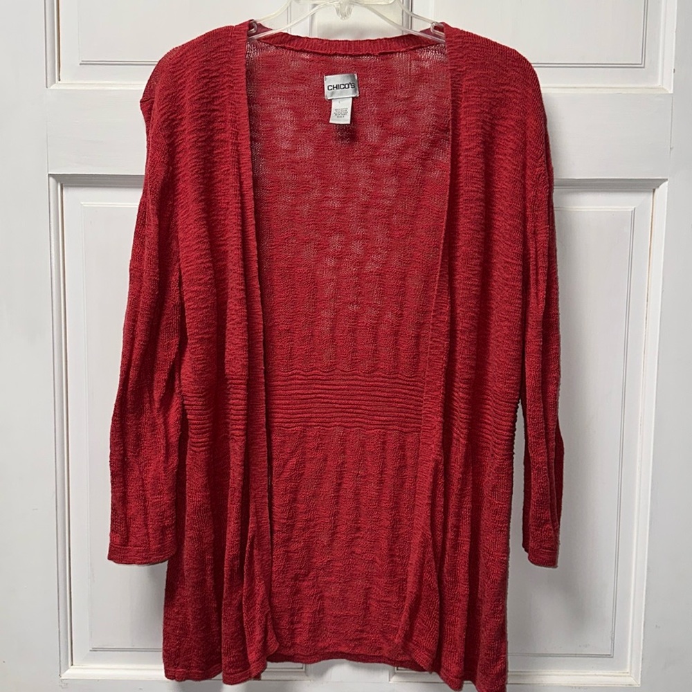 Chicos Cardigan Womens XLarge size 3 pinkish /Red Open Ribbed Stretch Sweater